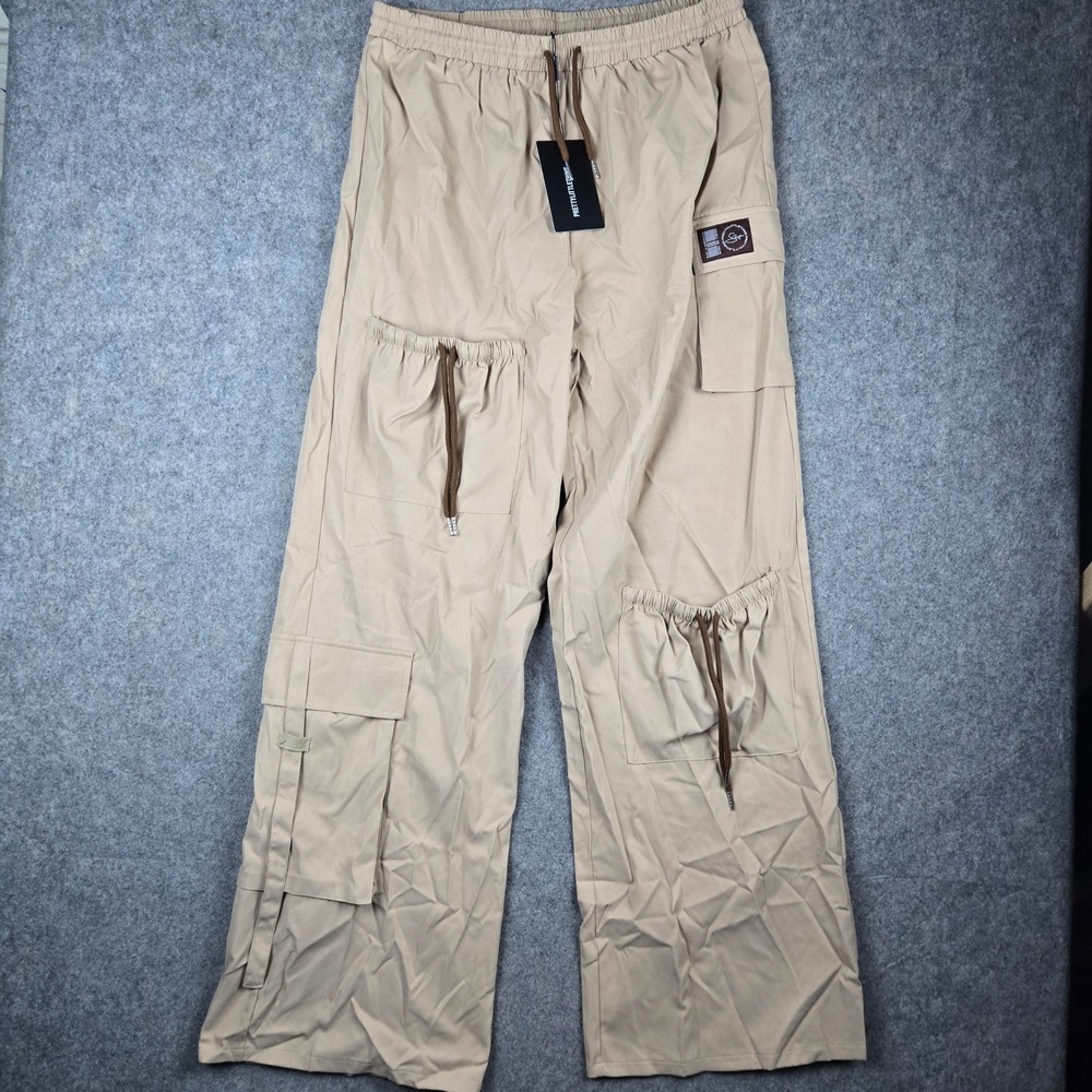 PrettyLittleThing Cargo Pants Womens 14 Stone Beige Wide Leg Utility Streetwear